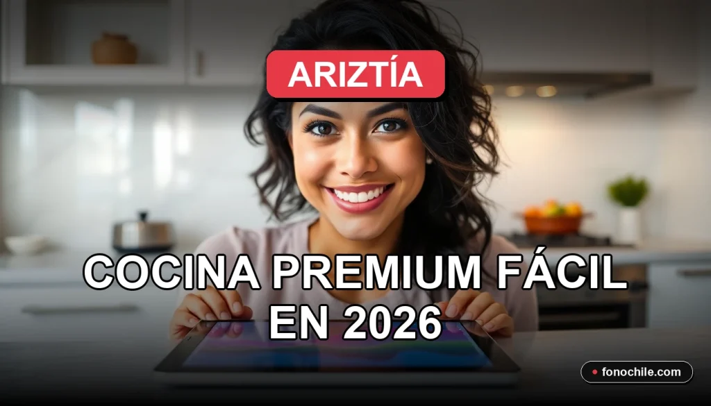 Una mujer latina sonríe con confianza mientras una pantalla muestra gráficos abstractos de colores, representando la facilidad de la cocina premium.