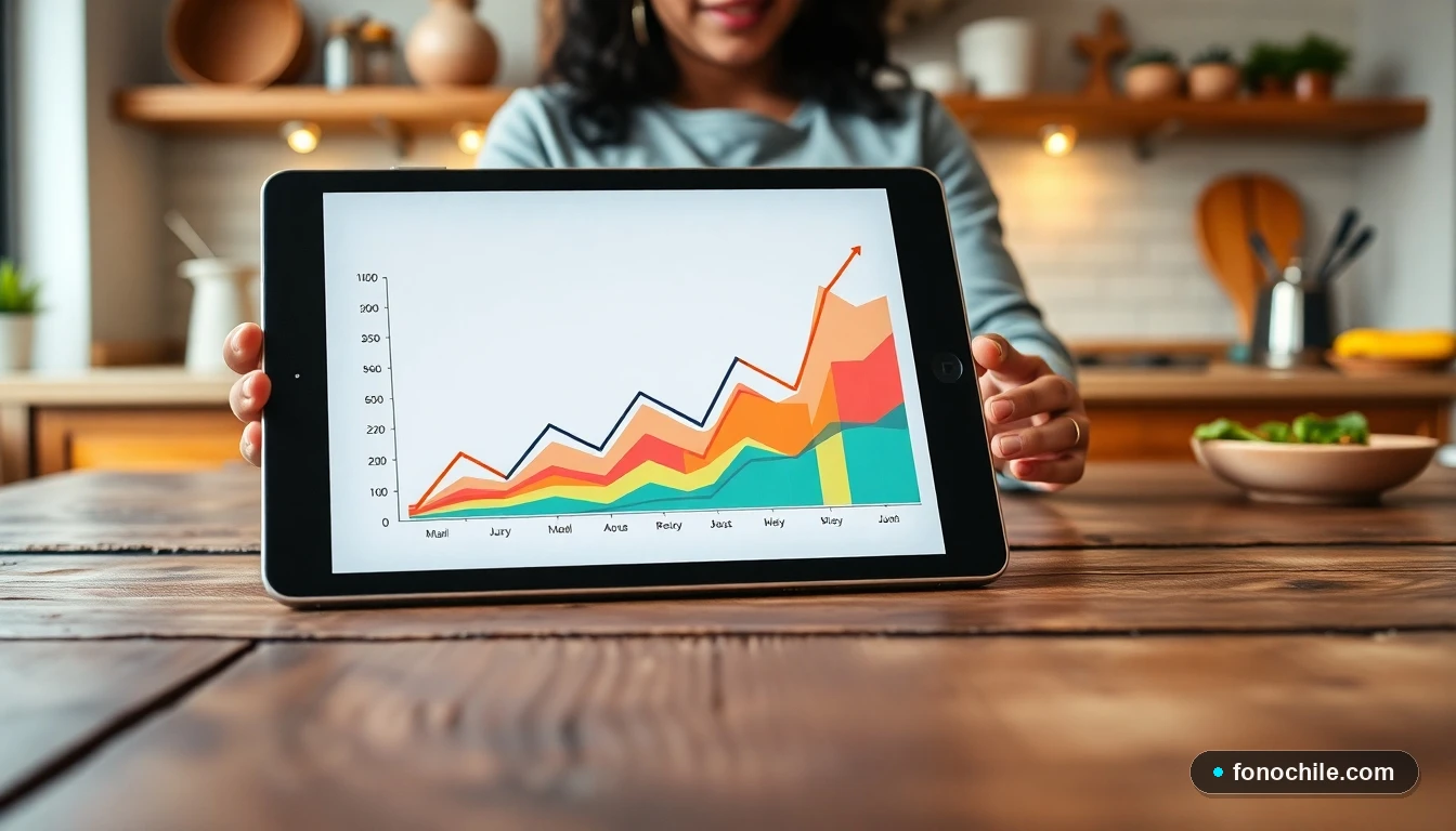 Gráfico abstracto de tendencias culinarias en una tablet sobre mesa de cocina, mostrando popularidad de recetas con pollo.