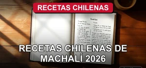 Libro de cocina tradicional chilena abierto sobre una mesa de madera rústica, mostrando recetas de la comuna de Machalí.