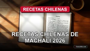 Libro de cocina tradicional chilena abierto sobre una mesa de madera rústica, mostrando recetas de la comuna de Machalí.