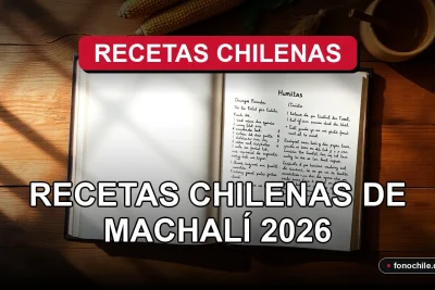 Libro de cocina tradicional chilena abierto sobre una mesa de madera rústica, mostrando recetas de la comuna de Machalí.