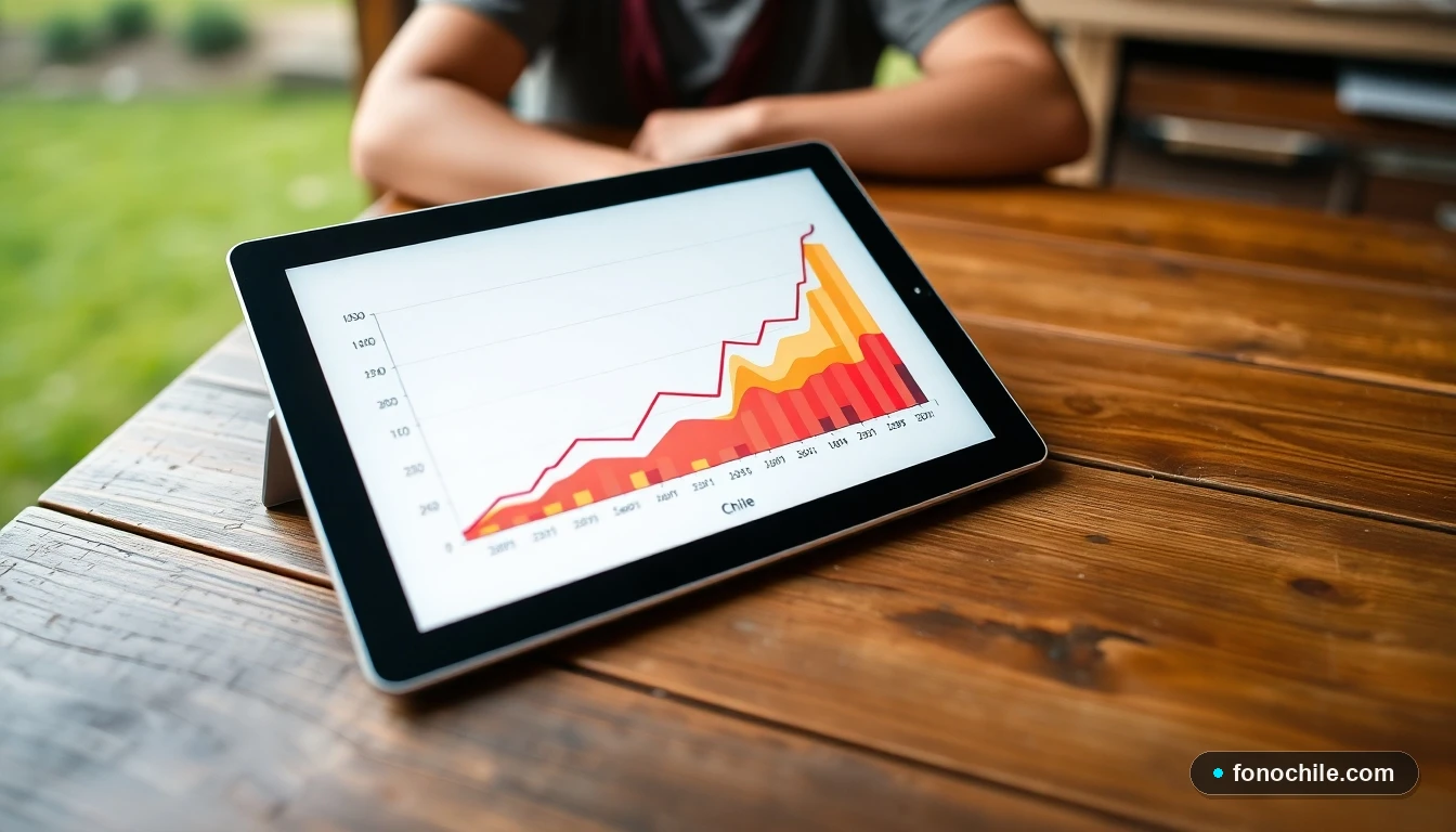 Gráfico abstracto de tendencias culinarias chilenas mostradas en una tablet sobre mesa de madera