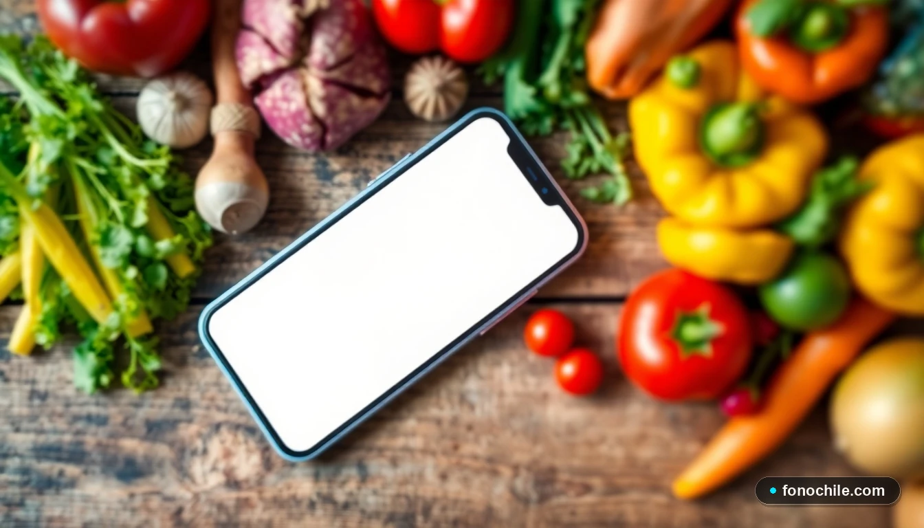 Vista aérea de ingredientes frescos y coloridos sobre una mesa de madera junto a un smartphone mostrando una receta.