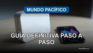Un moderno router blanco de Mundo Pacífico con luces LED azules, sobre una mesa de madera clara junto a un teléfono inteligente mostrando gráficos abstractos.