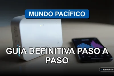 Un moderno router blanco de Mundo Pacífico con luces LED azules, sobre una mesa de madera clara junto a un teléfono inteligente mostrando gráficos abstractos.