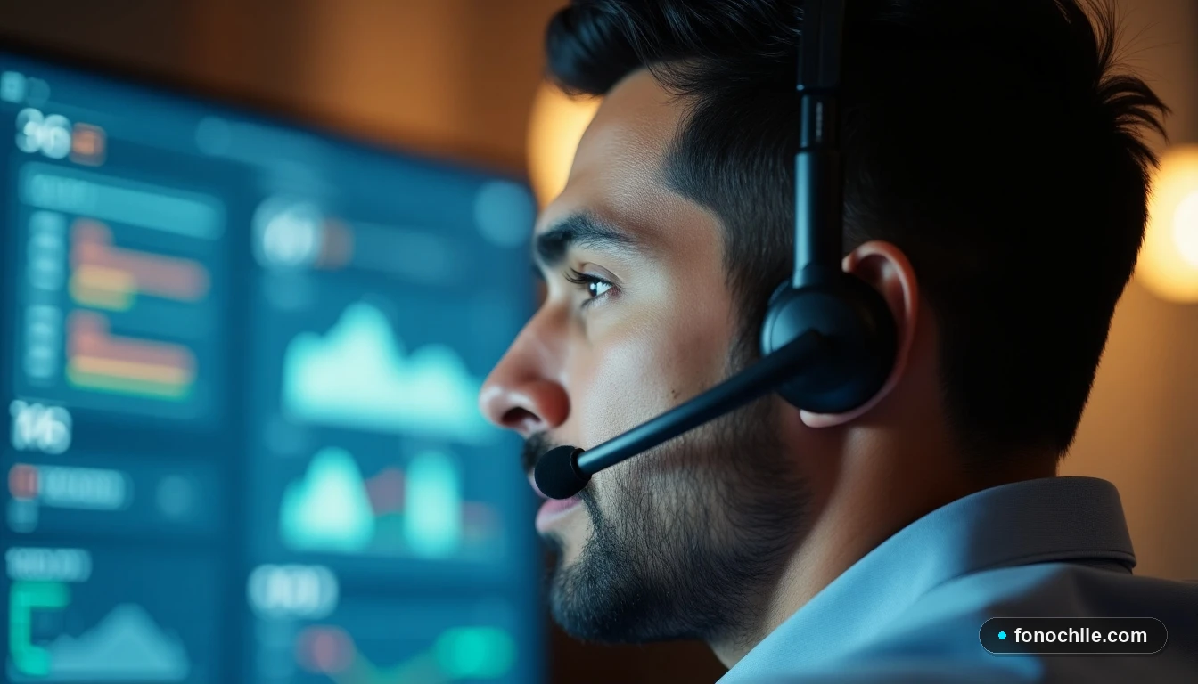 Agente de servicio al cliente de DIRECTV atendiendo una llamada en un entorno profesional moderno.