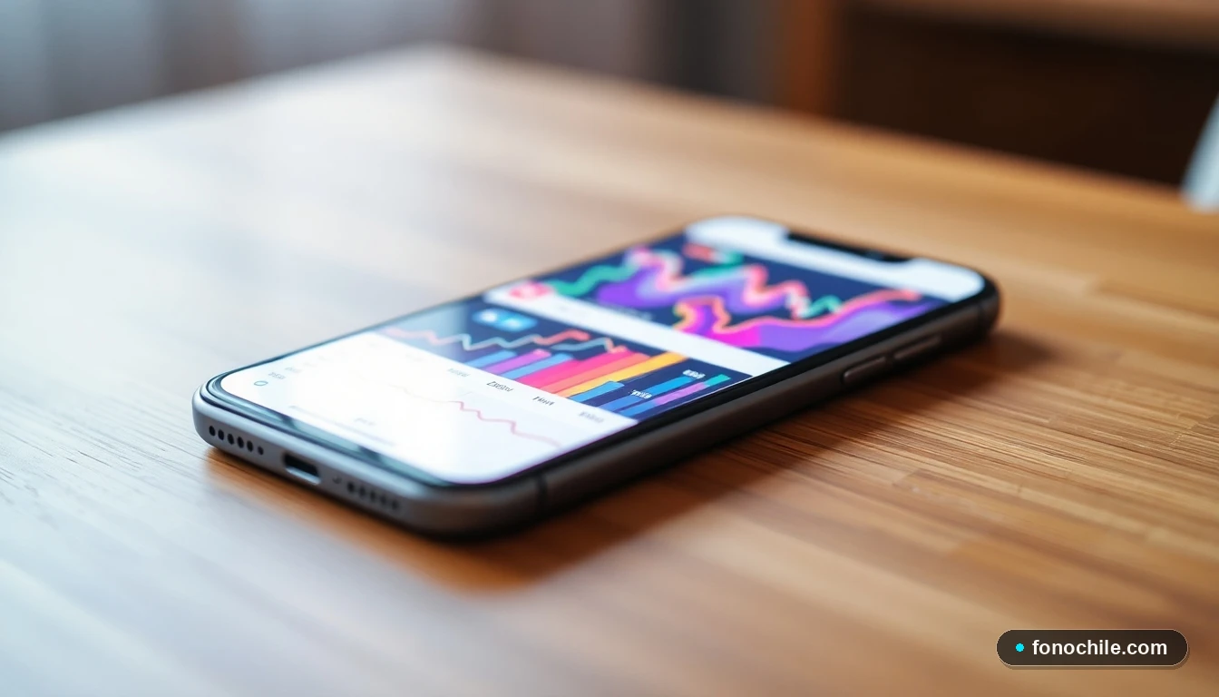 Smartphone mostrando gráficos abstractos de colores sobre gestión de servicios y reclamos telefónicos en Chile.