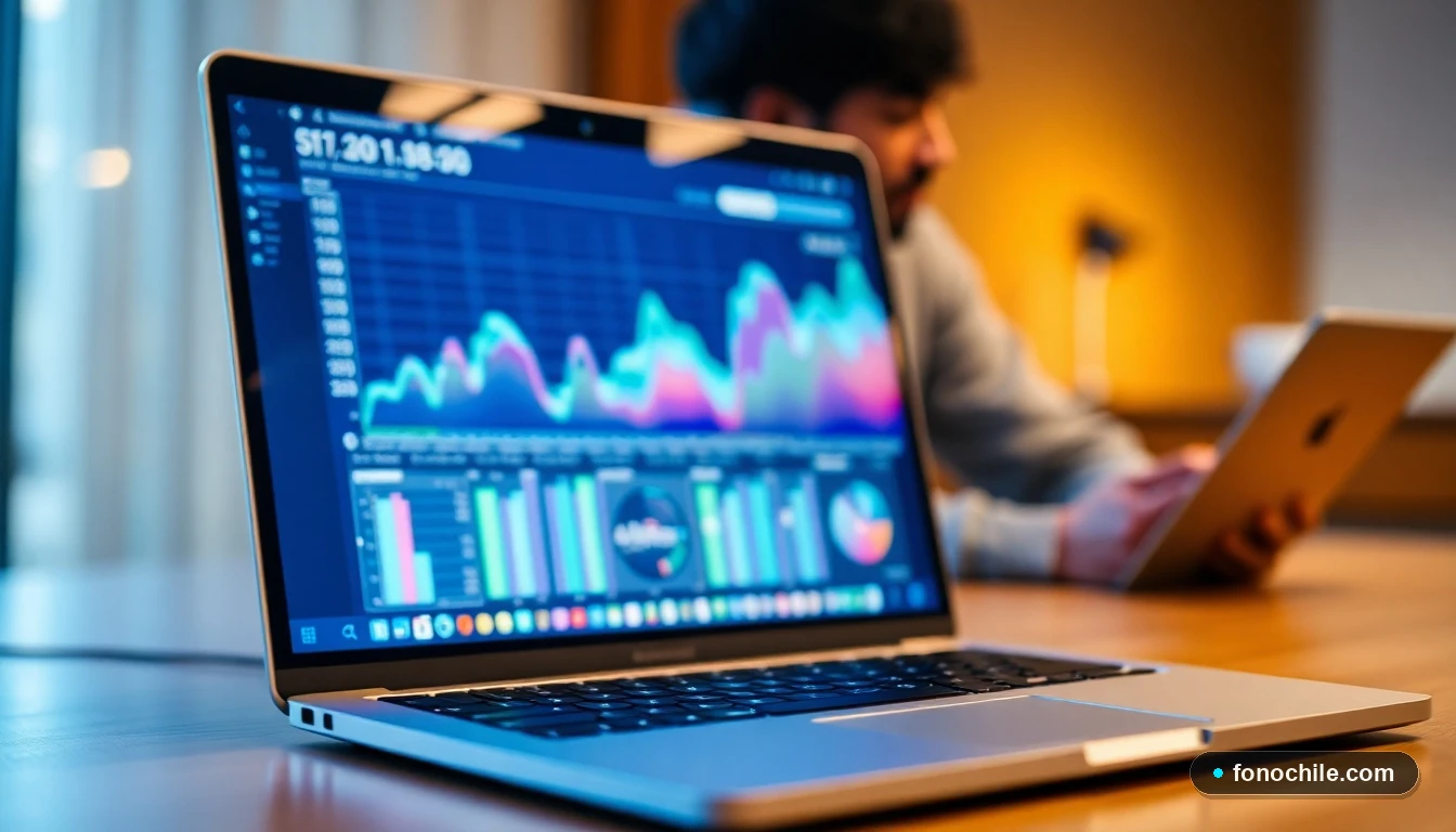 Gráfico abstracto de datos sobre reclamos de telecomunicaciones en Chile, mostrando tendencias y resolución en pantalla de computador.