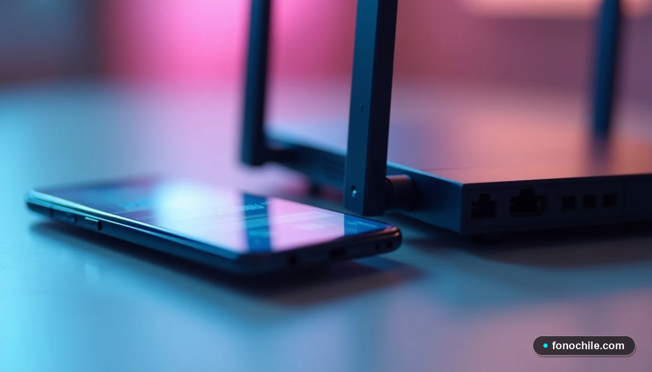 Detalle de un router y un smartphone mostrando una interfaz genérica para gestión de red.