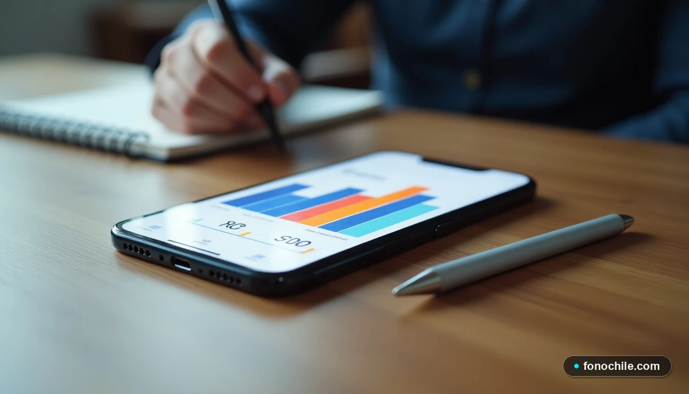 Smartphone mostrando gráficos de atención al cliente para gestionar reclamos de servicios de telecomunicaciones en Chile.
