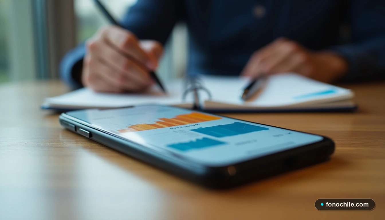 Smartphone mostrando gráficos de datos abstractos para seguimiento de reclamos de servicios de telecomunicaciones.