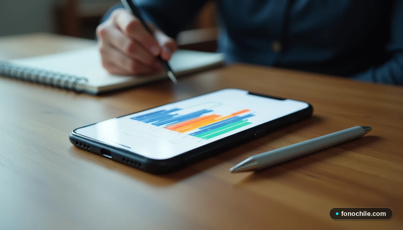 Smartphone mostrando gráficos de datos de reclamos en Chile sobre una mesa de madera