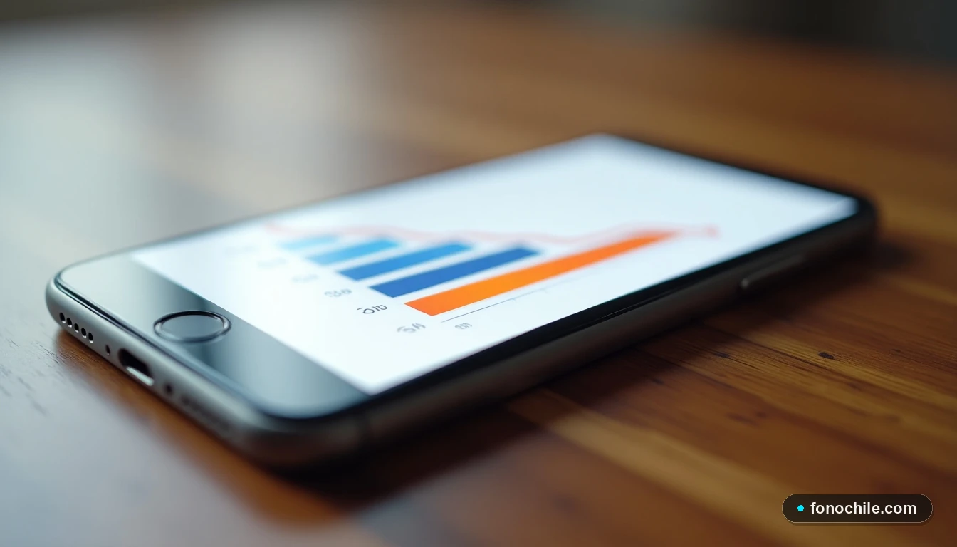 Smartphone mostrando gráfico abstracto de tendencia positiva, representando el éxito de un reclamo gestionado correctamente.