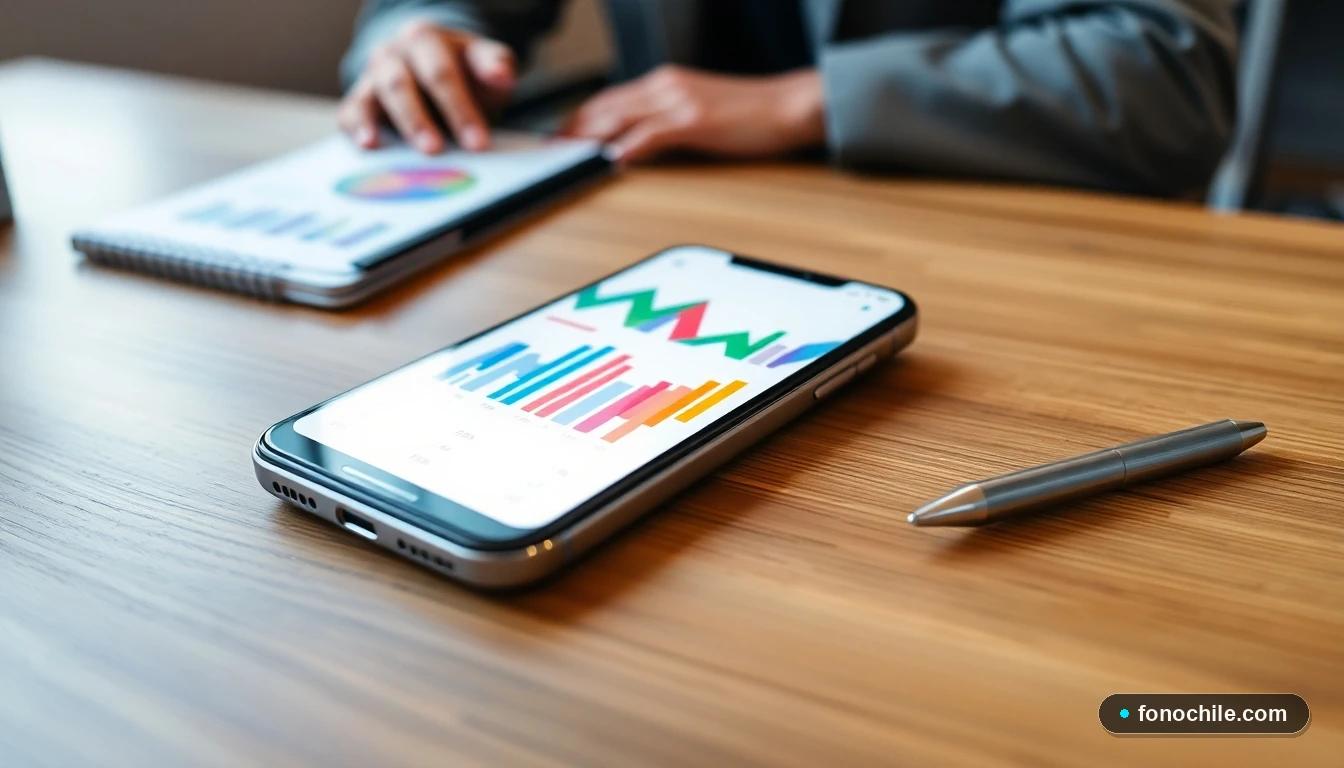 Smartphone mostrando gráficos abstractos de finanzas para gestionar reclamos de servicios bancarios.