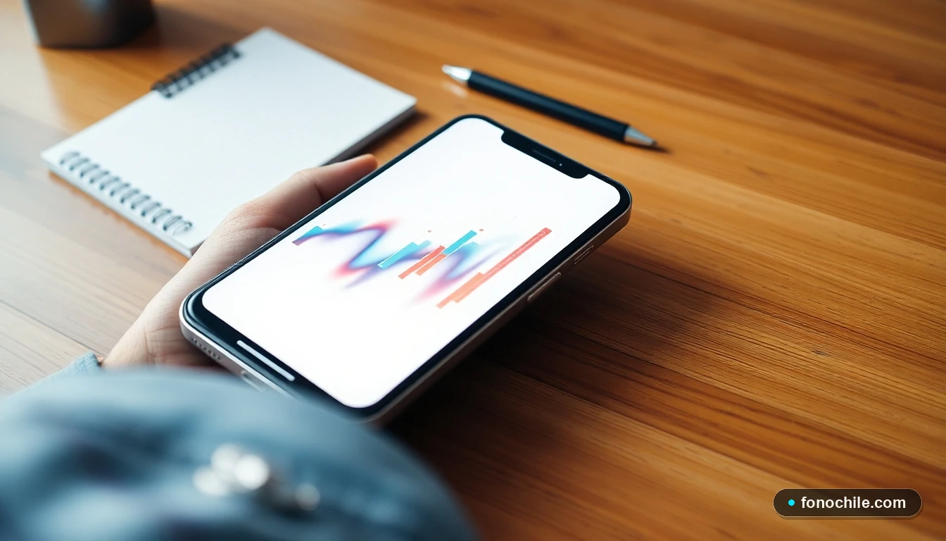 Smartphone mostrando gráficos de datos abstractos para análisis de reclamos telefónicos en Chile.