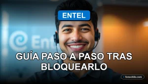 Hombre hispano sonriente con auriculares de servicio al cliente, fondo azul corporativo de Entel.