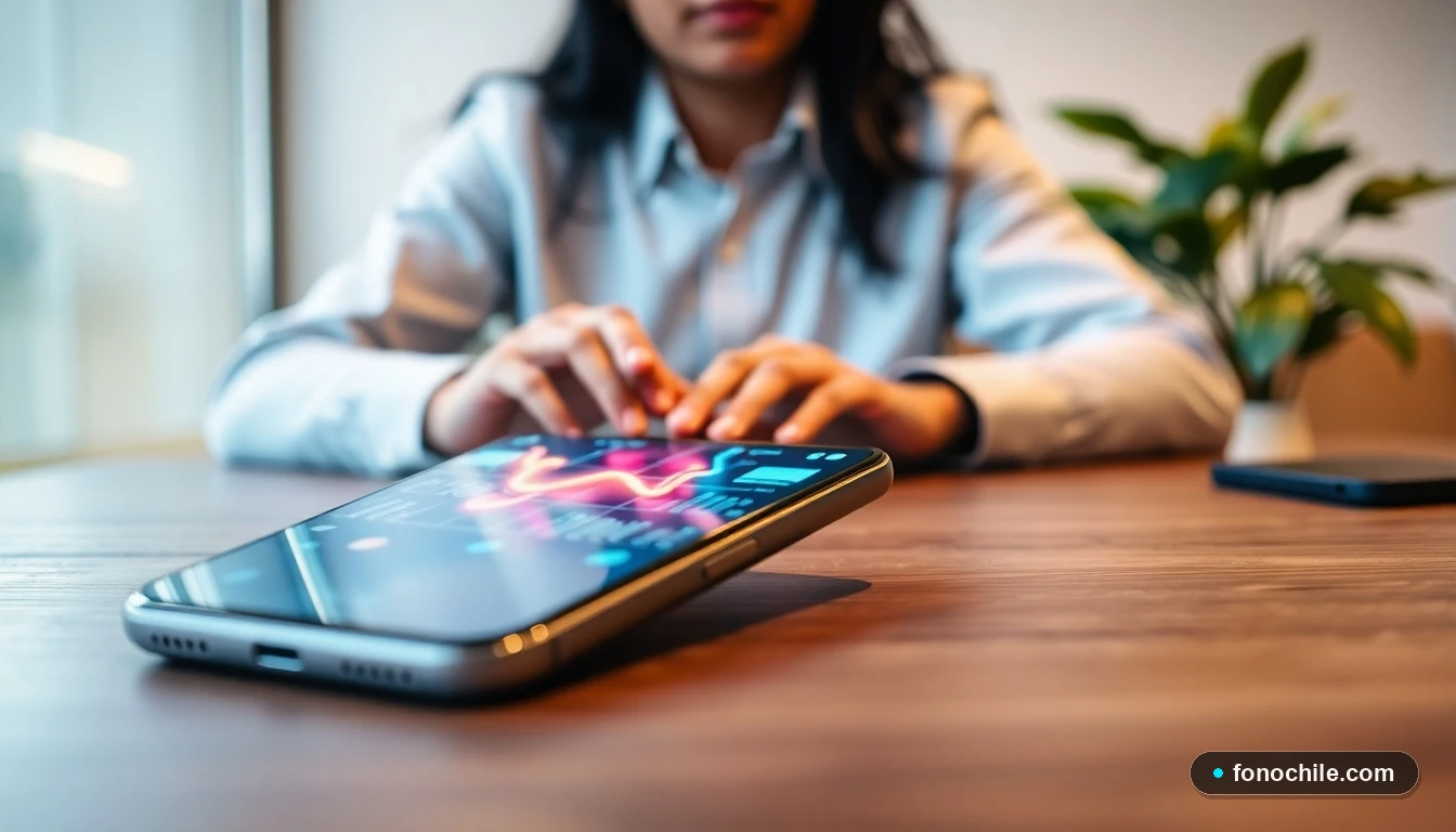 Smartphone mostrando gráficos abstractos de red y señal, proceso de recuperación de chip móvil en Chile.