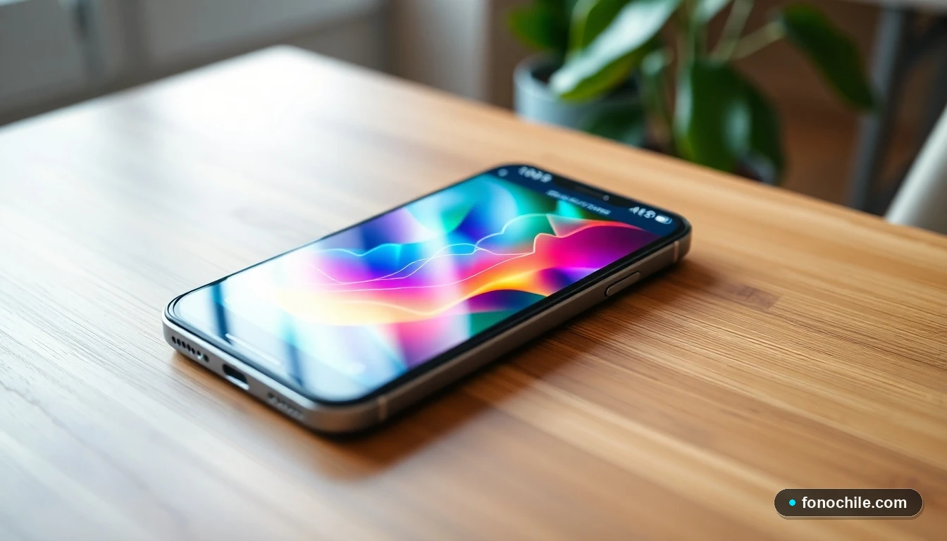 Gráfico abstracto de colores mostrando el rendimiento y cobertura de redes móviles en una pantalla de smartphone moderna.