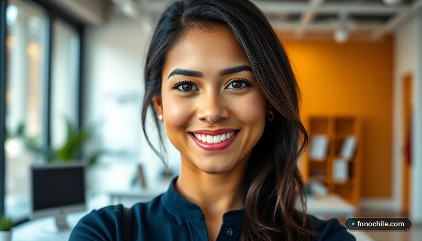 Primer plano de una profesional de servicio al cliente sonriendo, en un entorno de oficina luminoso y acogedor.