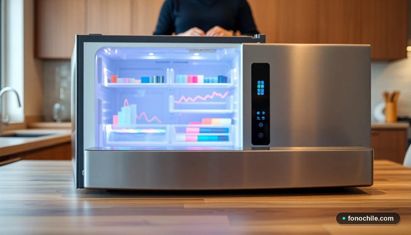 Interior moderno de un refrigerador No Frost mostrando paneles digitales con gráficos de eficiencia energética