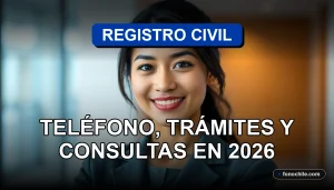 Una mujer latina con expresión amable y profesional, representando el servicio de atención al ciudadano del Registro Civil de Chile.