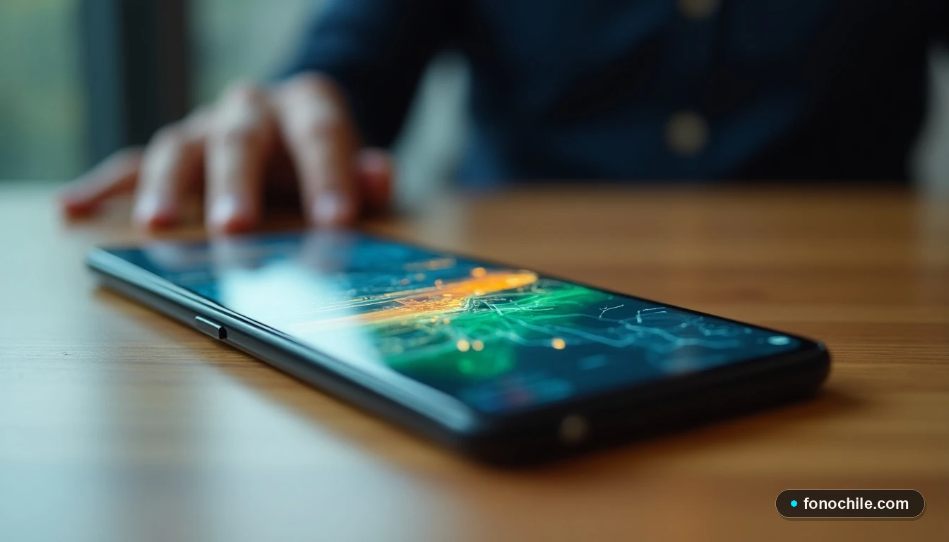 Smartphone mostrando una interfaz abstracta y colorida para gestionar servicios de telecomunicaciones en Chile.
