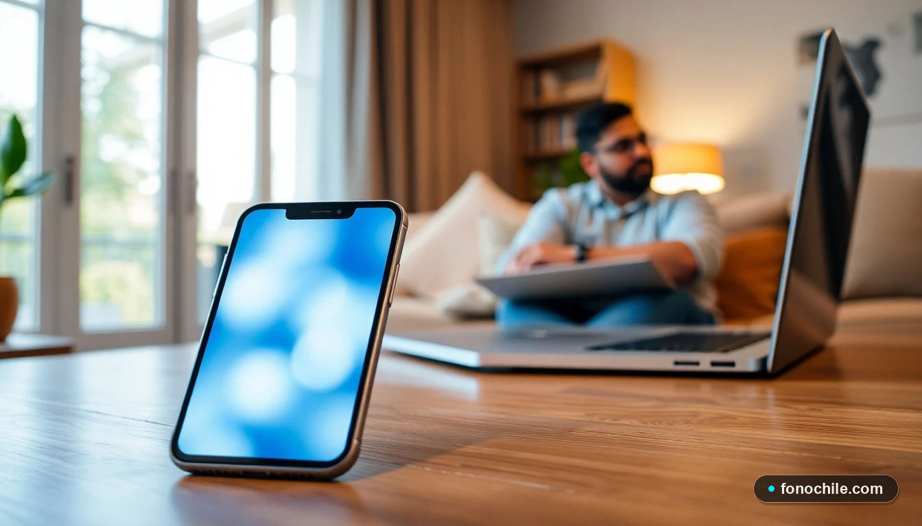 Dispositivos móviles mostrando la interfaz de gestión de cuenta Mi Movistar en un entorno hogareño.