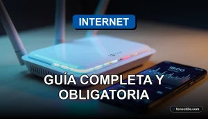 Moderno router 5G con luces LED azules y verdes, sobre una mesa de madera clara, junto a un smartphone mostrando gráficos abstractos.