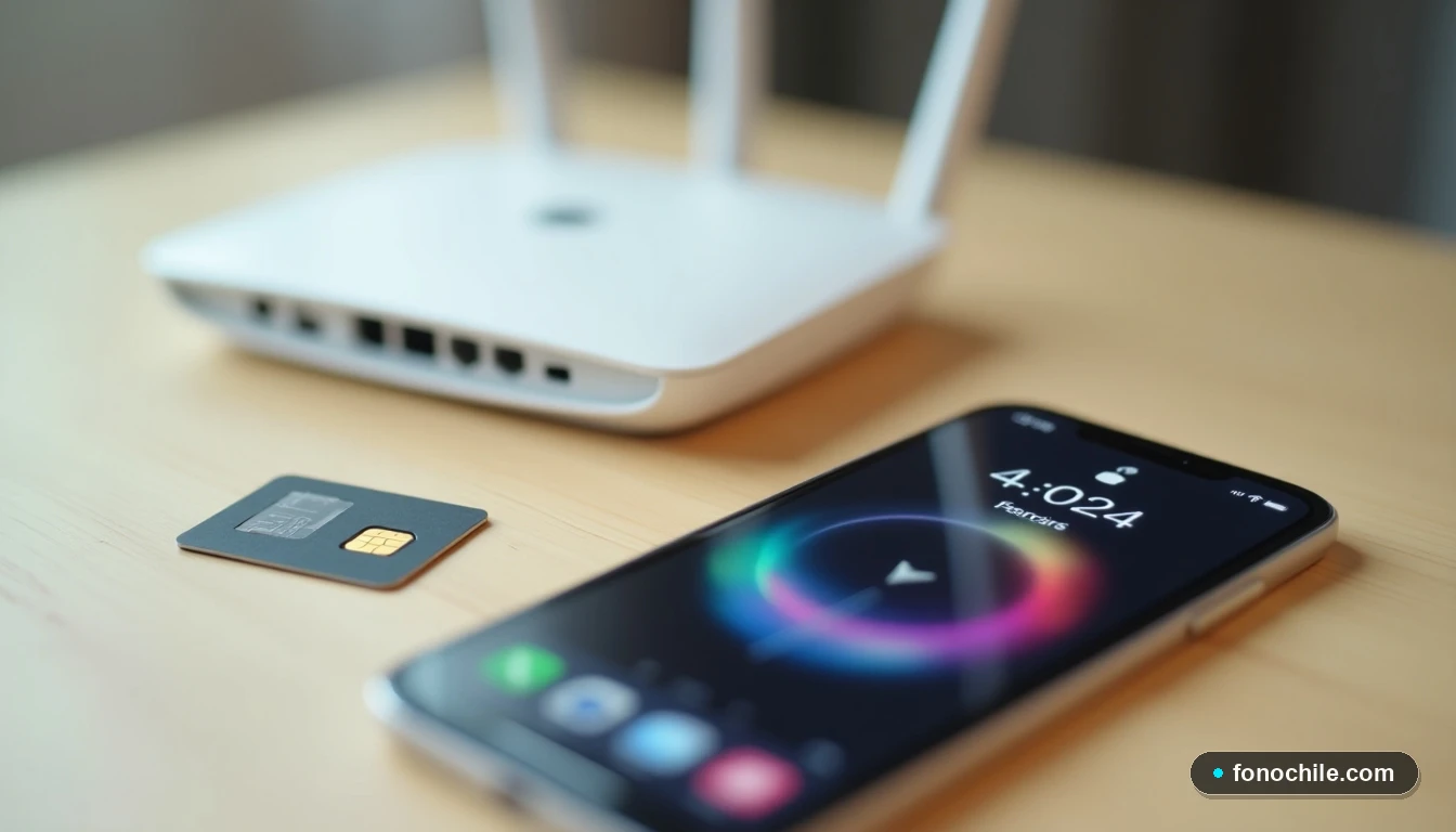 Vista superior de una tarjeta SIM y un router moderno sobre una mesa, con un teléfono mostrando barras de señal de colores en segundo plano.