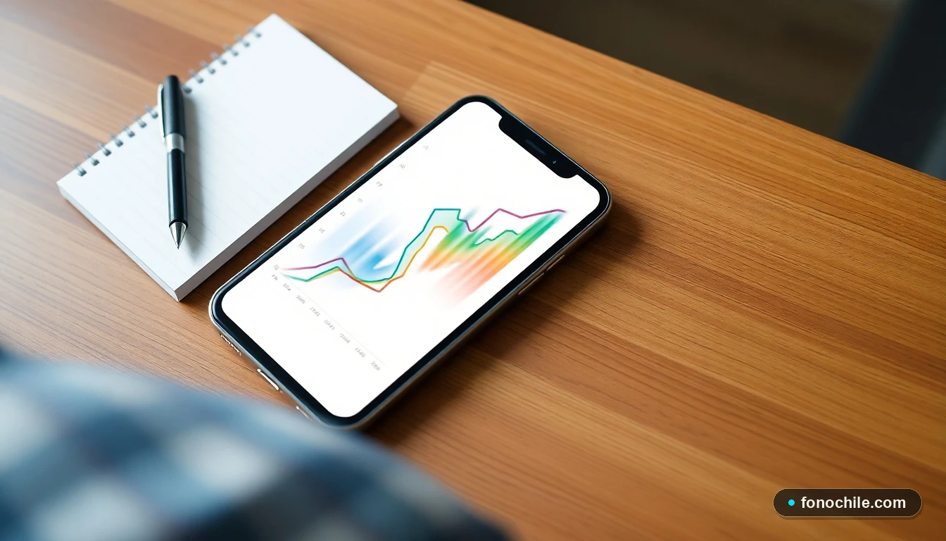 Smartphone mostrando gráficos de datos del Registro Social de Hogares en colores vibrantes sobre una mesa de madera.
