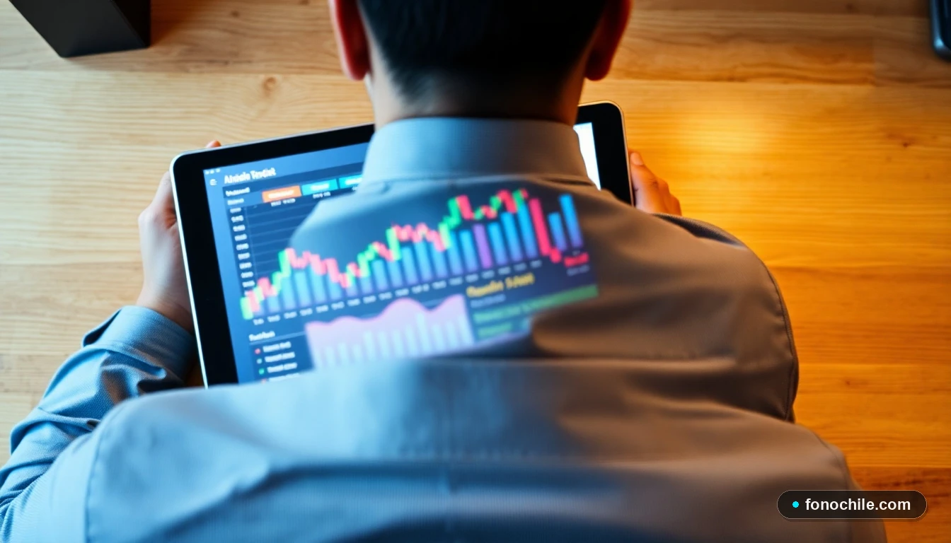 Gráfico abstracto de tendencias del mercado financiero chileno en una tablet sobre un escritorio