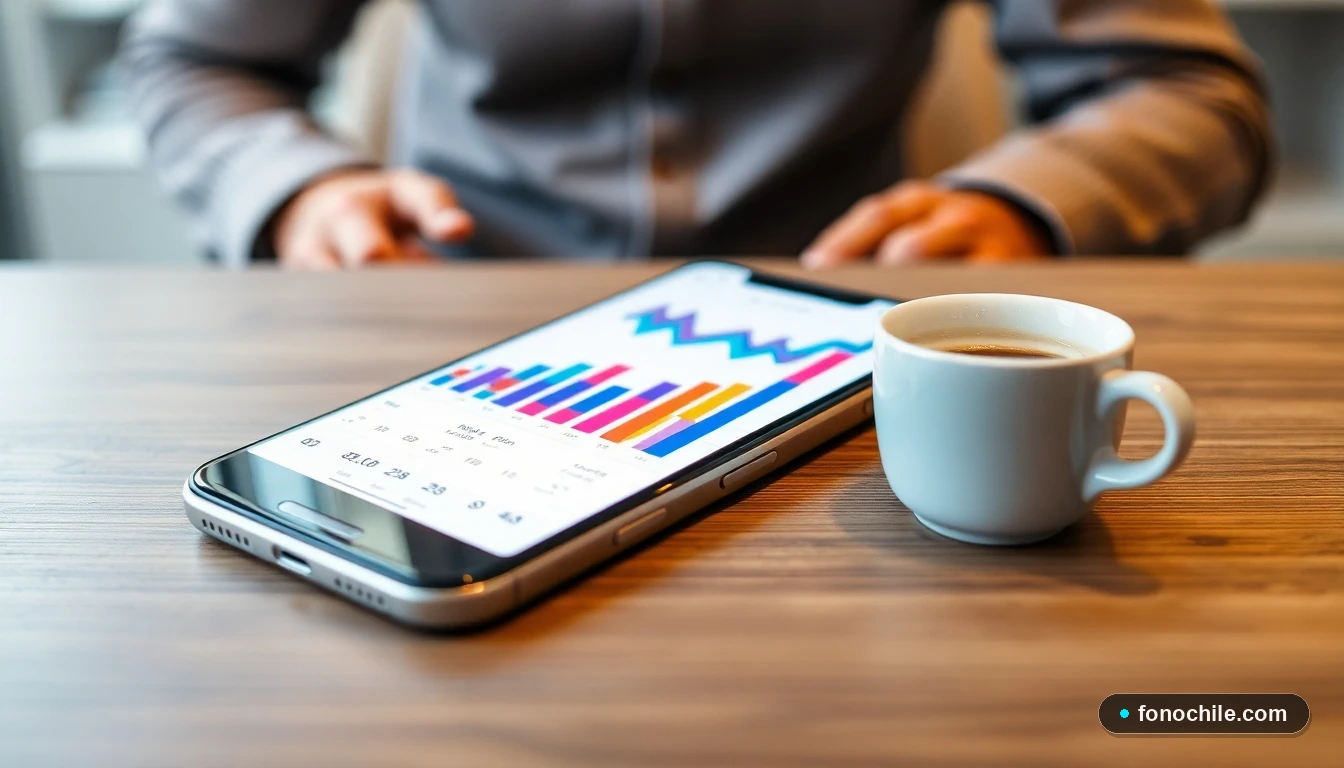 Smartphone mostrando gráficos de datos de uso de planes móviles sobre una mesa de trabajo.