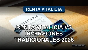 Comparación visual entre un contrato de renta vitalicia y un portafolio de inversiones tradicionales sobre un escritorio moderno.