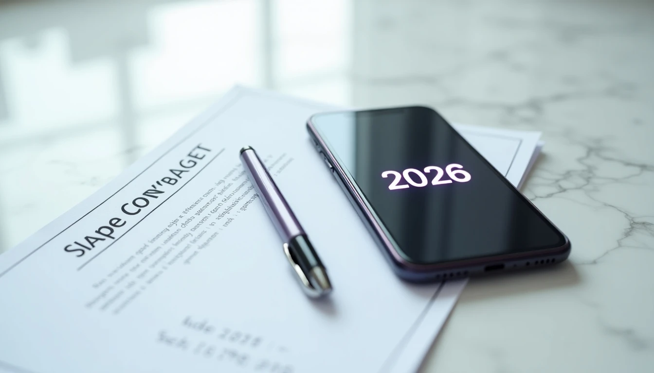 Smartphone y contrato de renovación Claro Up 2026 sobre mármol blanco.