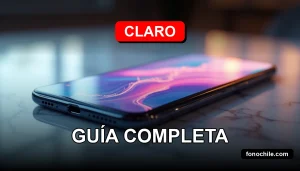 Un teléfono inteligente de última generación descansa sobre una mesa de mármol, con gráficos abstractos de colores en su pantalla, representando la renovación anual de Claro Up.