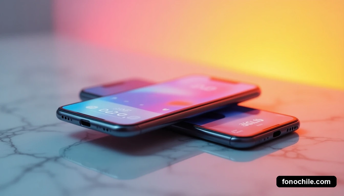 Dos modelos de teléfonos inteligentes en una mesa de mármol, mostrando la transición y renovación de dispositivo con el servicio Claro Up.