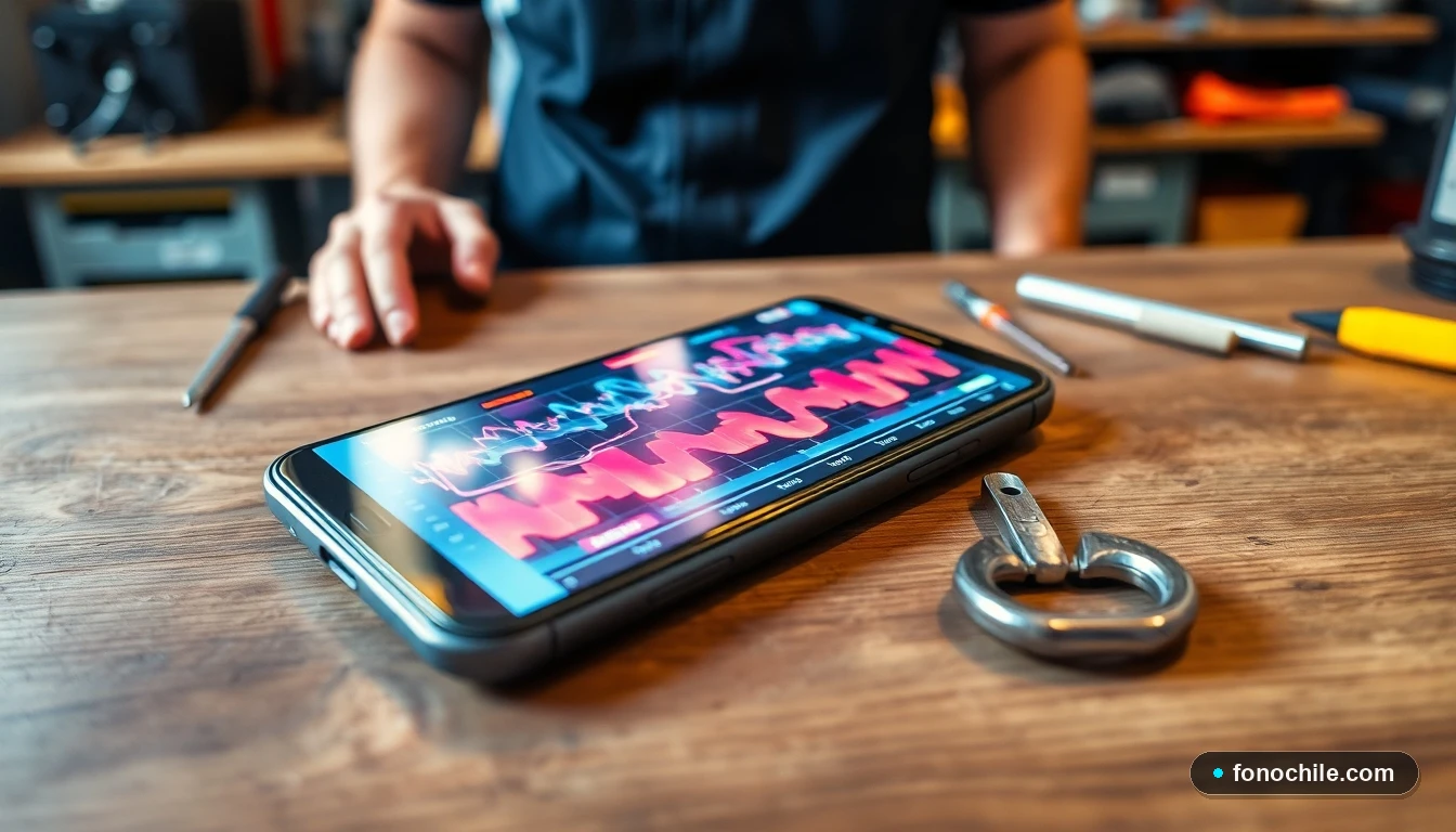 Técnico en Chile analiza gráficos de diagnóstico en pantalla de smartphone para reparación.