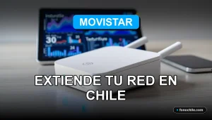 Repetidor WiFi Movistar 2026 sobre escritorio moderno con gráficos abstractos en pantalla, extendiendo la cobertura de internet en el hogar.