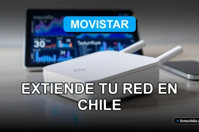 Repetidor WiFi Movistar 2026 sobre escritorio moderno con gráficos abstractos en pantalla, extendiendo la cobertura de internet en el hogar.