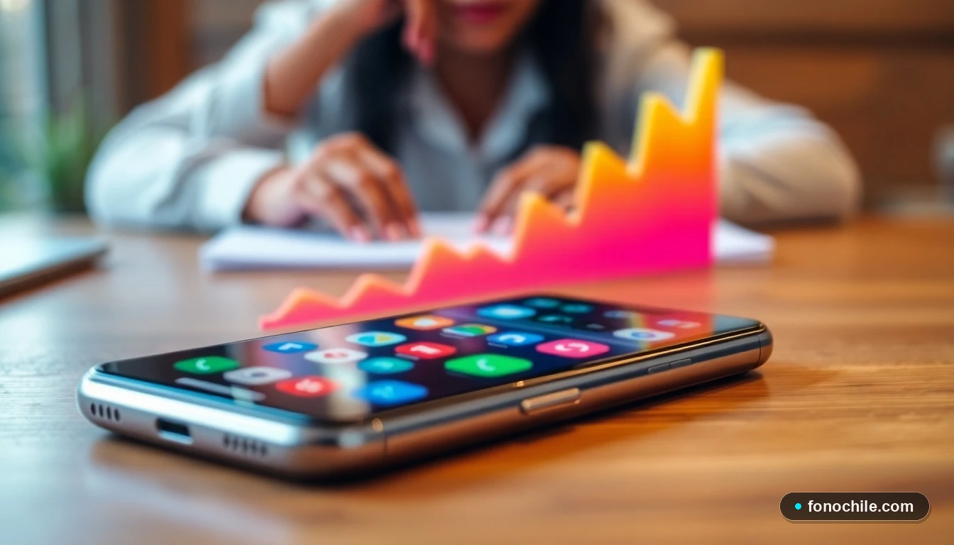 Gráfico abstracto de crecimiento de billeteras digitales con un smartphone mostrando una app de beneficios en un escritorio.