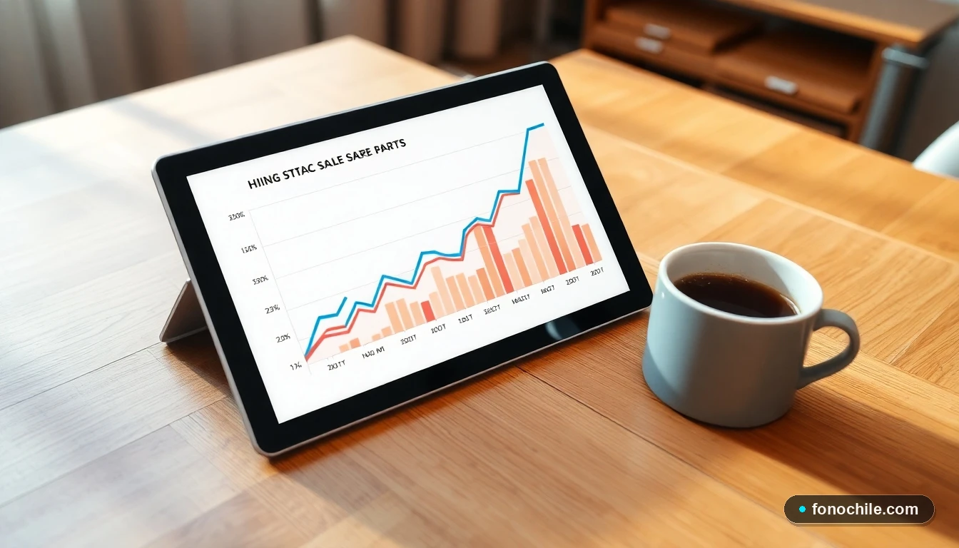 Gráfico abstracto de tendencias de venta de repuestos para climatización en Chile, mostrado en una tablet moderna.