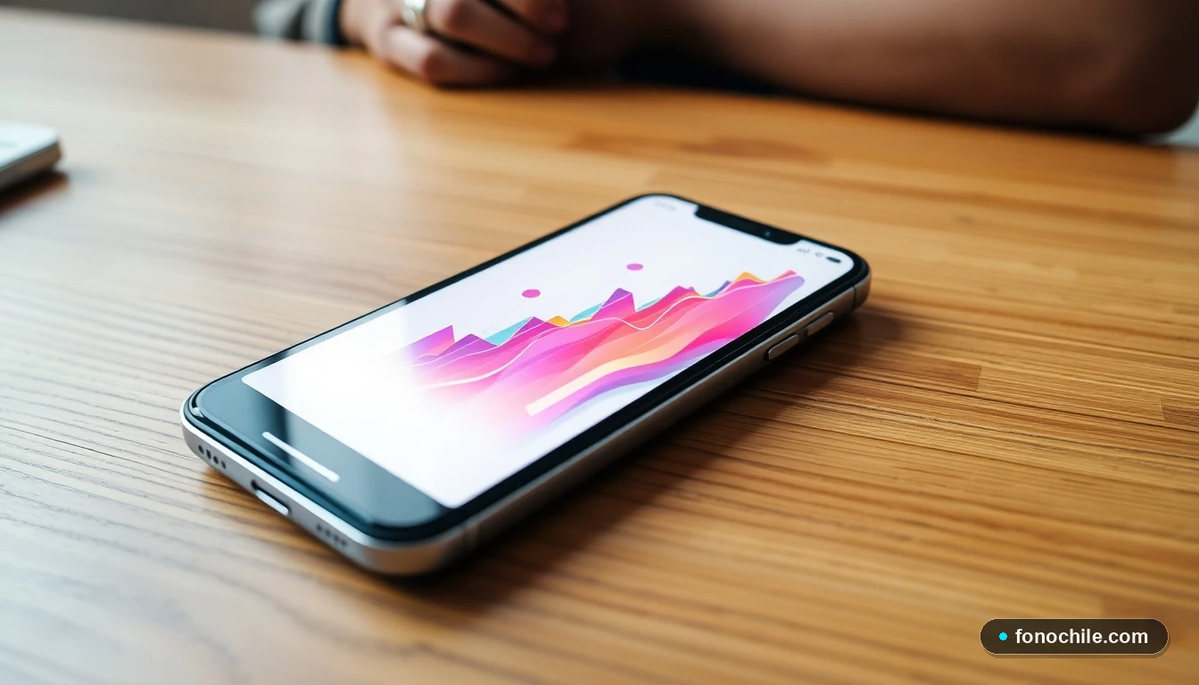 Gráfico de análisis de mercado de repuestos automotrices en Chile mostrado en un teléfono inteligente moderno.