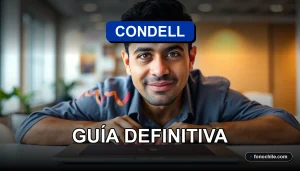 Hombre hispano revisando los requisitos para un crédito bancario Condell en su laptop, mostrando gráficos abstractos en la pantalla.