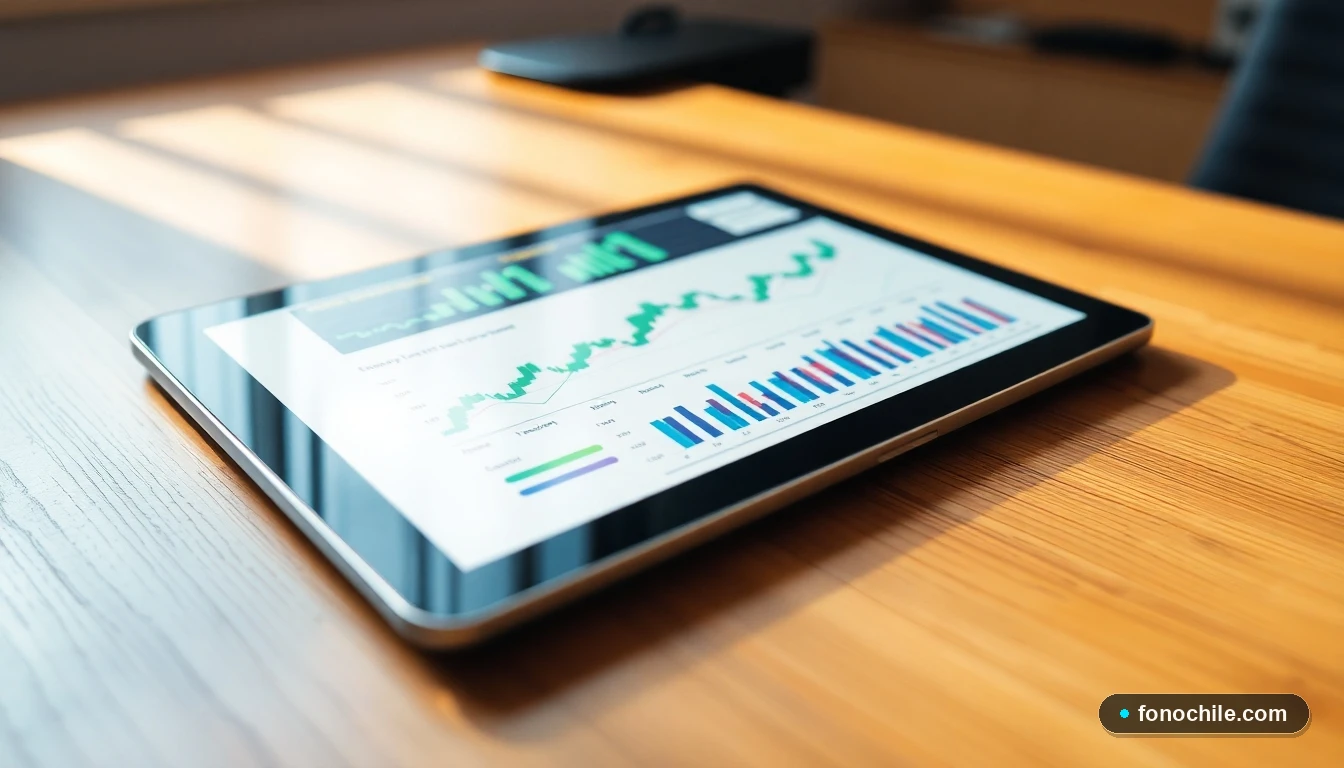 Visualización abstracta de datos financieros y gráficos de aprobación de créditos en una tablet.