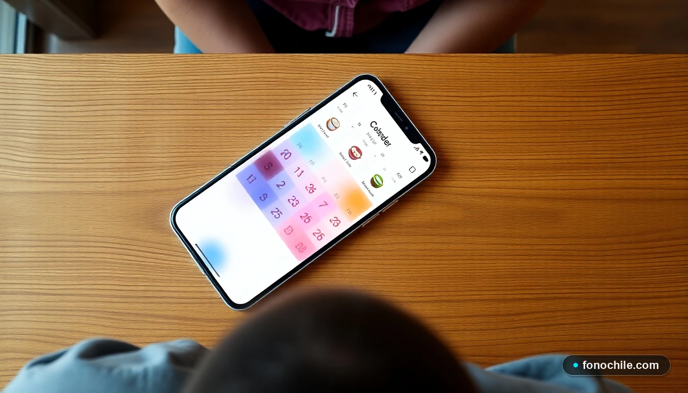 Smartphone mostrando una agenda digital colorida para gestionar reservas de eventos en una cafetería.