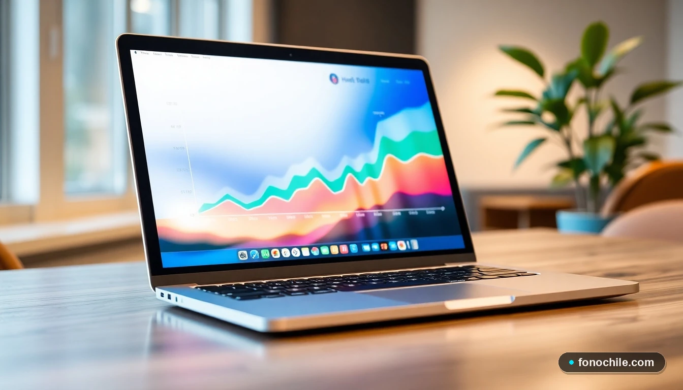 Visualización abstracta de datos sobre tendencias de reservas hoteleras en Chile, mostrada en una pantalla de laptop.