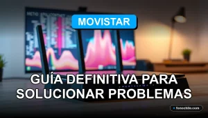 Un router moderno Movistar en una mesa, con luces LED indicadoras encendidas, mostrando gráficos abstractos de colores en una pantalla borrosa.