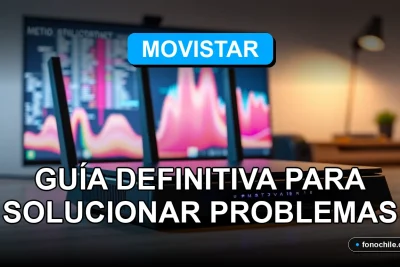 Un router moderno Movistar en una mesa, con luces LED indicadoras encendidas, mostrando gráficos abstractos de colores en una pantalla borrosa.