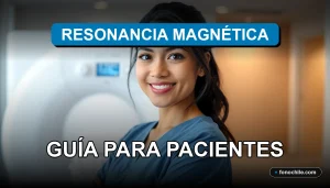 Paciente chilena sonriendo antes de un examen de resonancia magnética en una clínica moderna.