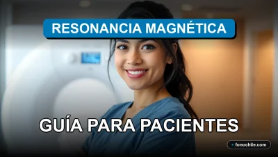 Paciente chilena sonriendo antes de un examen de resonancia magnética en una clínica moderna.